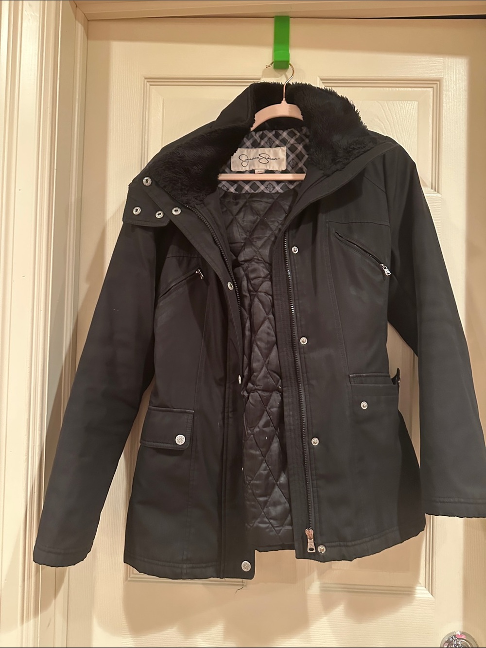 Jessica Simpson Black Quilted Utility Jacket with Faux Fur Collar